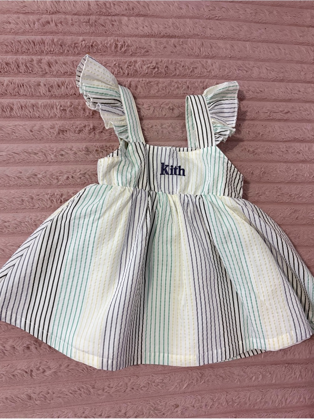 Kith Pastel Stripe Ruffle-Shoulder Baby Dress - Mint, Yellow, Gray